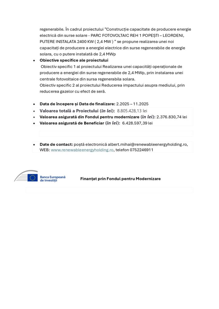 Un document de proiect rom&acirc;nesc descrie construirea unui parc solar fotovoltaic &icirc;n Popești-Leordeni, cu detalii despre obiective, calendar, finanțare și informații de contact, afișate &icirc;ntr-un format text structurat.