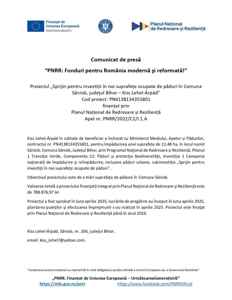 Un comunicat de presă în limba română de la Fonduri Europene anunță finanțarea unui proiect de investiții locale în Săniob, județul Bihor. În partea de jos a documentului sunt enumerate detaliile proiectului, sursele de finanțare și informațiile de contact.