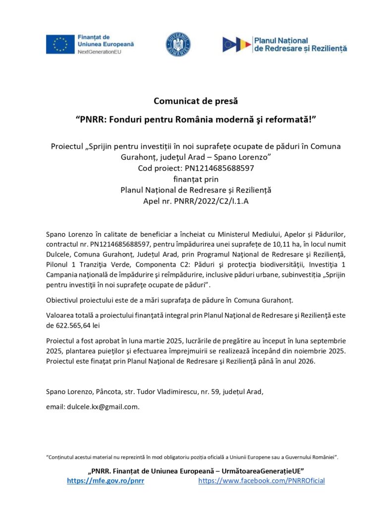 Un document de presă românesc cu logo-urile Uniunii Europene și ale guvernului, intitulat "PNRR: Fonduri pentru România modernă și reformată!" despre finanțarea investițiilor în terenuri în Gurahonț, județul Arad, în cadrul programului PNRR.