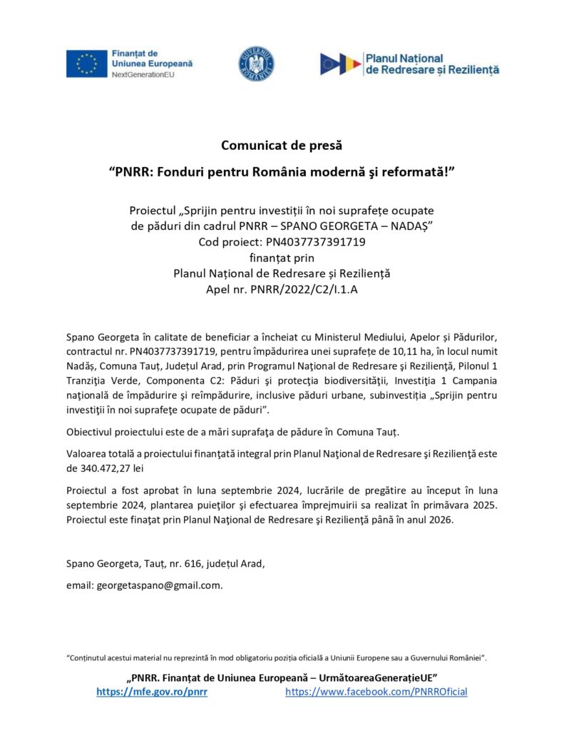Comunicat de presă de la Spano Georgeta privind proiectul "Sprijin pentru investiții &icirc;n terenuri neutilizate" susținut de Planul Național de Recuperare și Reziliență, cu logo-uri oficiale, informații de contact și o descriere a proiectului &icirc;n limba rom&acirc;nă.