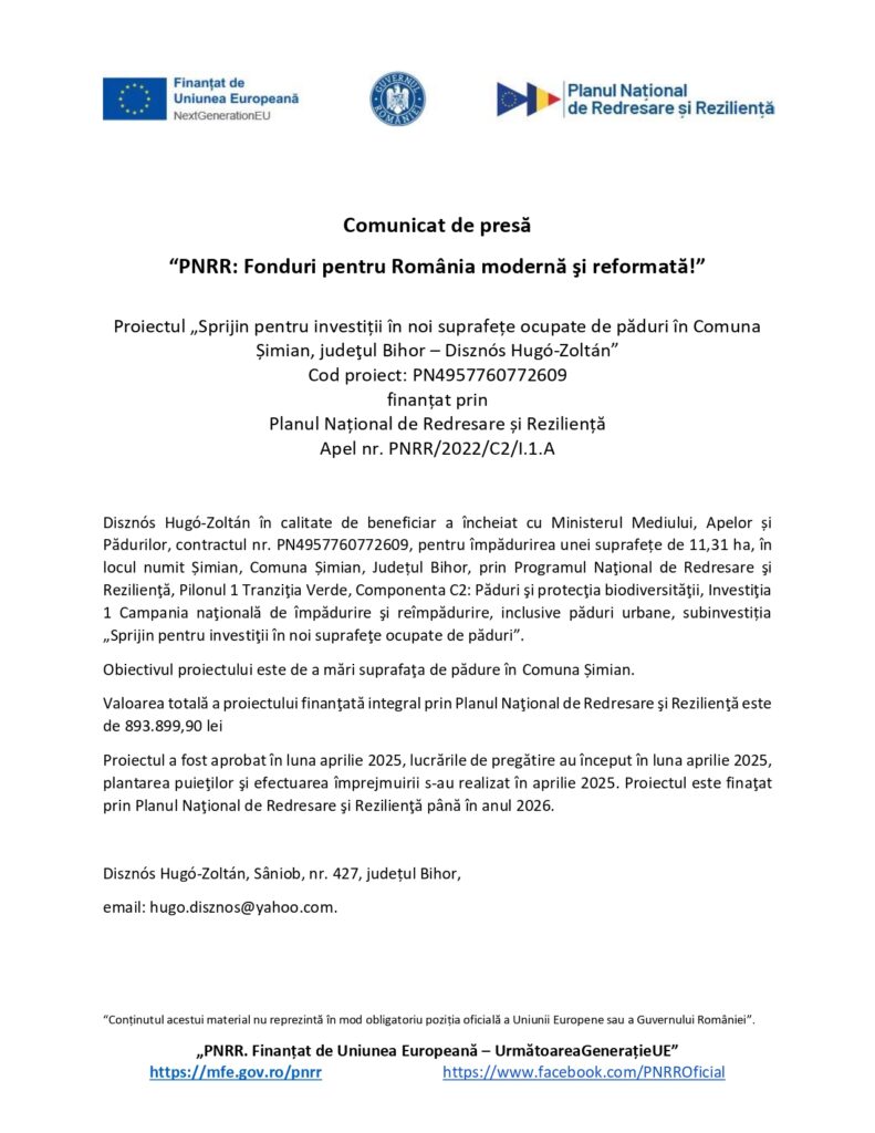 Un comunicat de presă &icirc;n limba rom&acirc;nă care conține sigla UE și a guvernului, titlul proiectului, codul de finanțare, rezumatul proiectului, datele de contact și un cod QR &icirc;n partea de jos, cu text negru pe fundal alb.
