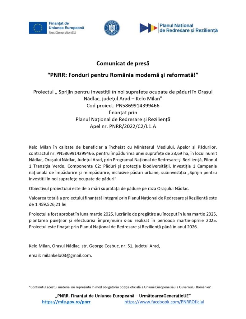 Document de presă &icirc;n limba rom&acirc;nă, cu sigla guvernului și a UE &icirc;n partea de sus, urmată de titlul despre finanțare pentru Rom&acirc;nia modernă și reformată. Pagina conține o descriere a proiectului, date de contact și linkuri web.
