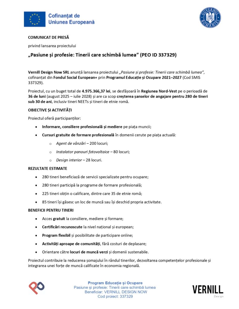 Un document de presă &icirc;n limba rom&acirc;nă intitulat "Pasiune și profesie: Tineri care schimbă lumea" cu logo-uri, detalii despre proiect, obiective, eligibilitate și informații de contact &icirc;n text profesional negru și albastru.