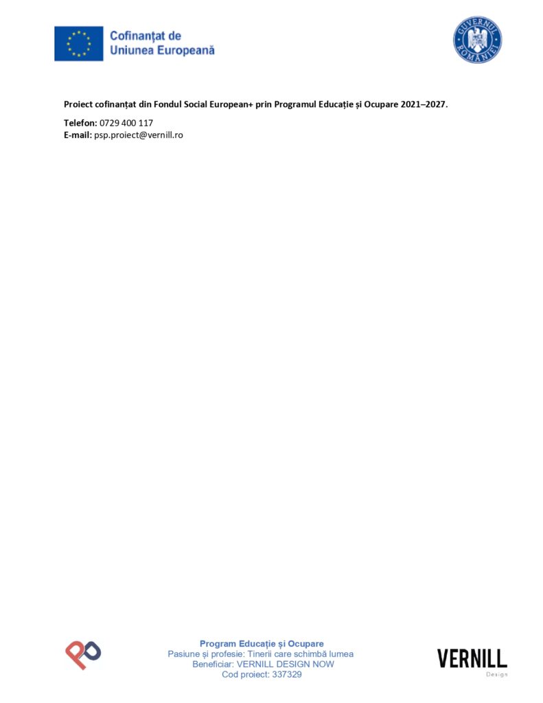 Un antet al documentului prezintă logo-urile Uniunii Europene și ale Guvernului Rom&acirc;niei, datele de contact și informațiile de finanțare pentru "Programul Educație și Ocupare 2021-2027". &Icirc;n partea de jos apar alte logo-uri ale sponsorilor.