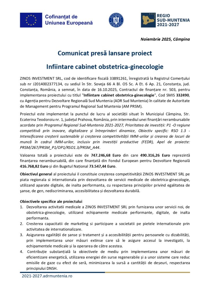 Un comunicat de presă românesc anunță lansarea unui cabinet de obstetrică-ginecologie, prezentând logo-uri ale programelor de finanțare, sigilii oficiale și text formatat care detaliază informațiile despre proiect și finanțare.