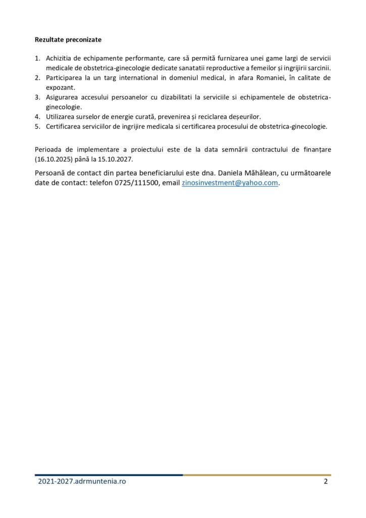 Un document rom&acirc;nesc care enumeră patru rezultate preconizate legate de serviciile obstetricale-ginecologice. Include informații de contact pentru un manager de proiect și detalii privind perioada de finanțare a proiectului &icirc;n partea de jos.