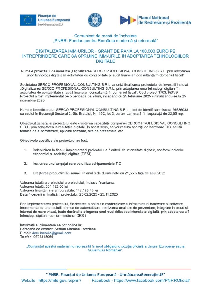 Un comunicat de presă românesc despre un grant de digitalizare pentru IMM-uri, cu logo-uri, titluri cu caractere aldine, puncte, date de contact și informații structurate despre finanțare și proceduri.