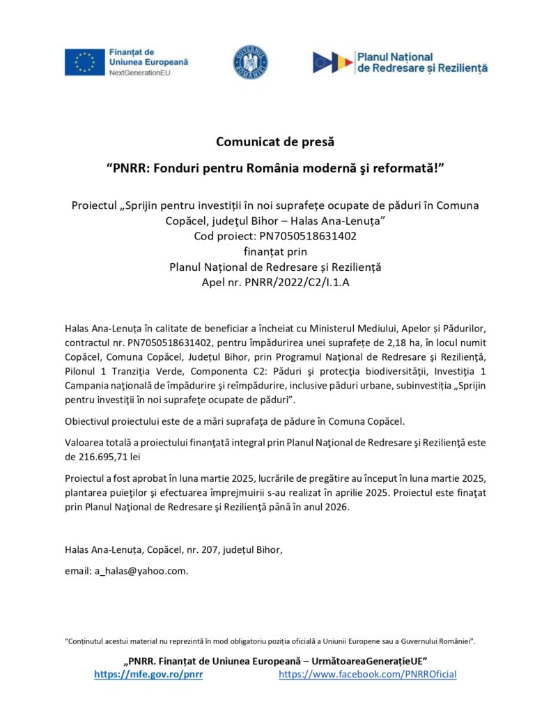 Un comunicat de presă în limba română prezintă în partea de sus logo-urile Uniunii Europene și ale programelor de finanțare din România, urmate de un bloc de text care descrie un proiect de investiții în silvicultură în județul Bihor, România.