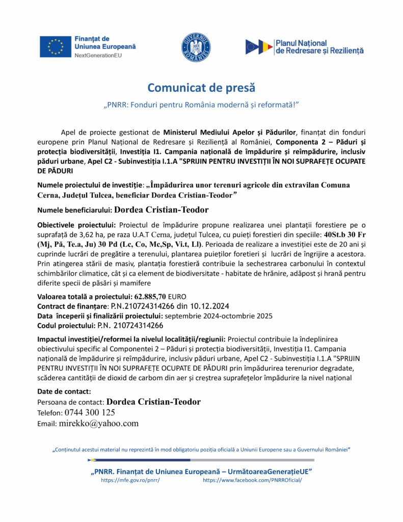 Un comunicat de presă românesc cu logo-uri și text, care anunță Test Product 1 Image Upload NU STERGE, detaliind beneficiarul, obiectivele, finanțarea, finanțarea UE, informații de contact. Aspectul formal este dens cu informații.