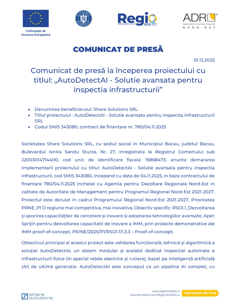 Un comunicat de presă în limba română cu logo-uri în partea de sus, un titlu scris cu bold, o dată și câteva paragrafe care anunță lansarea "Test Product 1 Image Upload NU STERGE" pentru inspectarea infrastructurii.