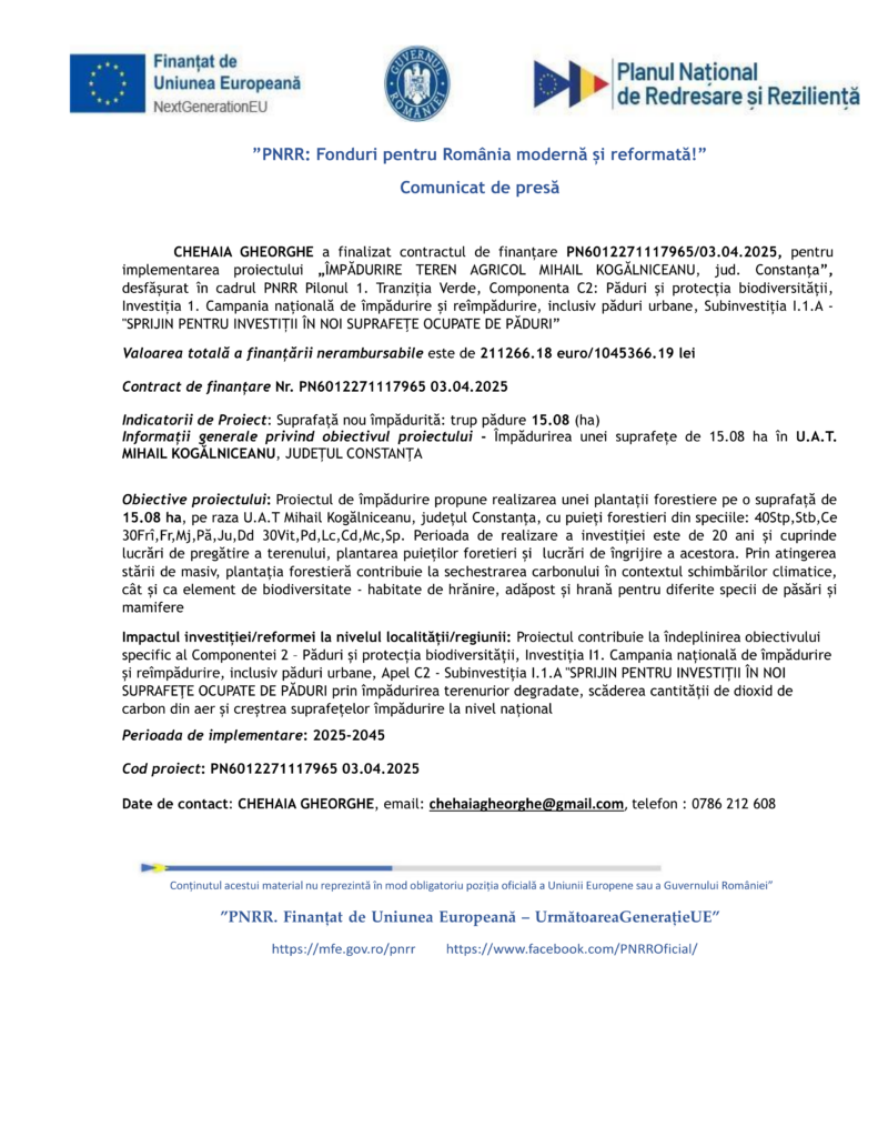 Document oficial care anunță finalizarea proiectului Test Product 1 Image Upload NU STERGE, inclusiv detalii de finanțare, valoarea proiectului și informații de contact, cu logo-uri în partea de sus.
