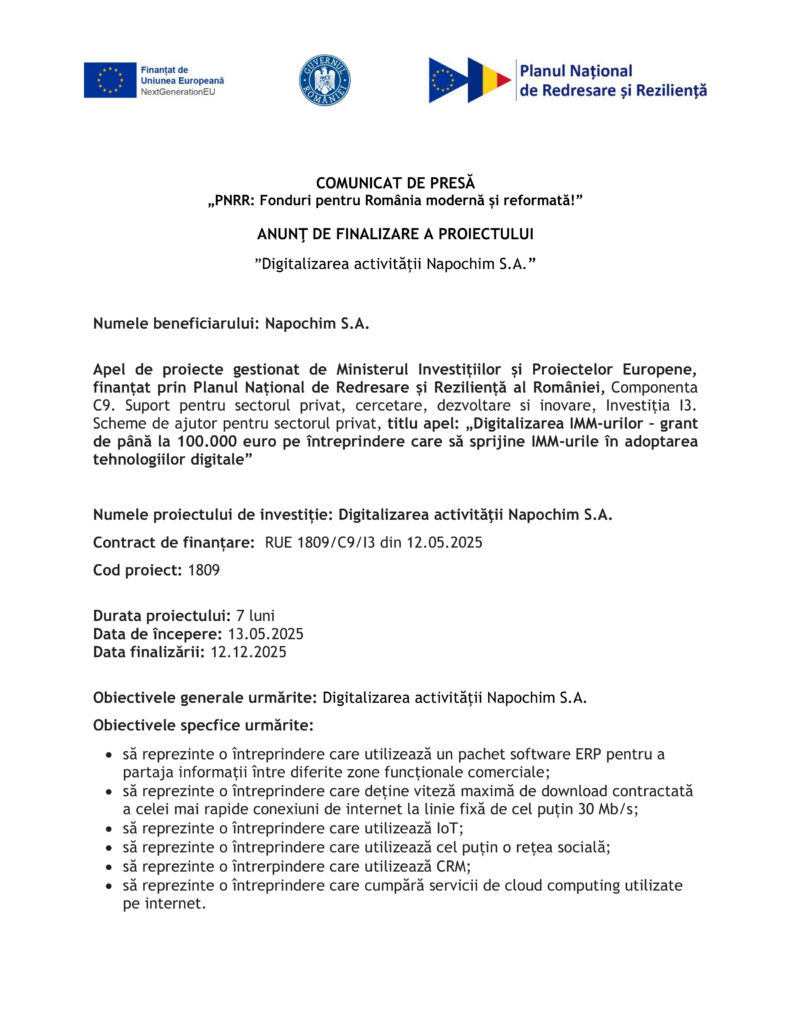 Comunicat de presă: Proiectul "Test Product 1 Image Upload NU STERGE" a fost finalizat, finanțat prin UE, implementat în septembrie 2023-martie 2024, cu scopul de a sprijini transformarea digitală a IMM-urilor.