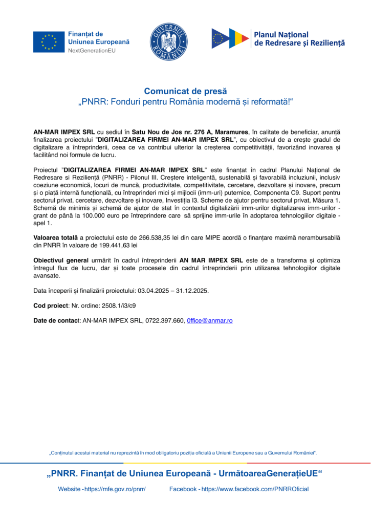 Comunicat de presă în limba română despre finalizarea proiectului "Test Product 1 Image Upload NU STERGE" de către AN-MAR IMPEX SRL, finanțat din fonduri europene; detalii despre obiective, valoare și date de contact incluse.