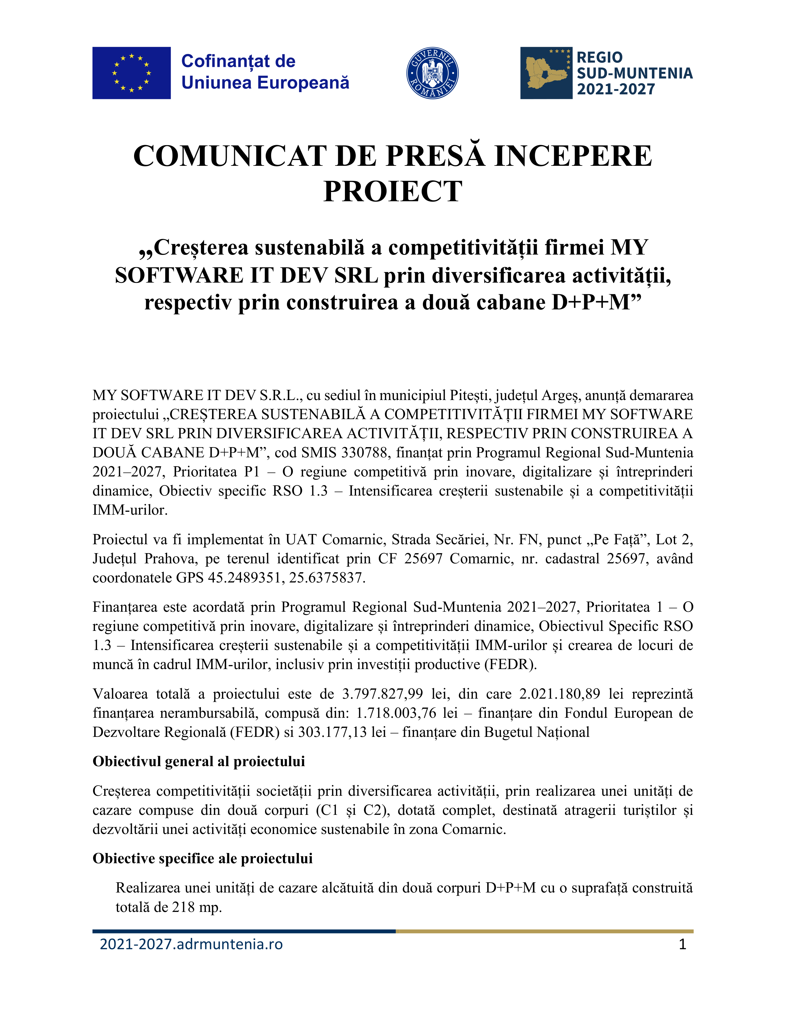 Un comunicat de presă românesc cu logo-urile Uniunii Europene și Regio în partea de sus anunță lansarea unui proiect pentru Test Product 1 Image Upload NU STERGE, destinat diversificării afacerilor și creșterii durabile.