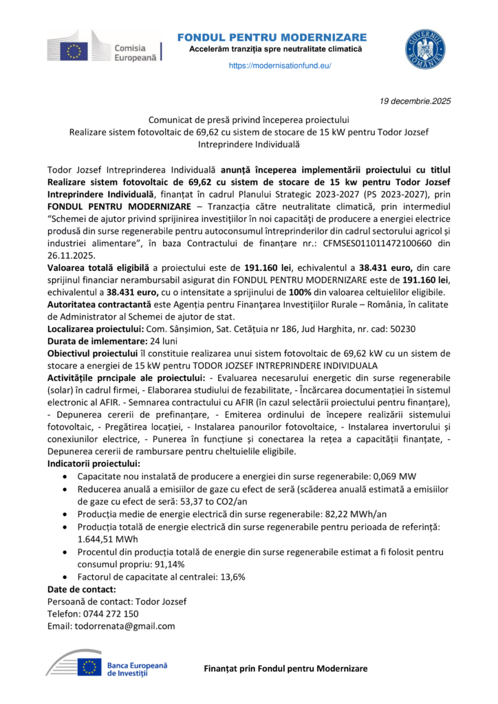 Un document în limba română anunță lansarea "Test Product 1 Image Upload NU STERGE", un proiect fotovoltaic (66,92 kW, 15 kW stocare) al lui Todor Ioszef, finanțat prin Fondul de Modernizare. Acesta conține logo-uri instituționale și date de contact.