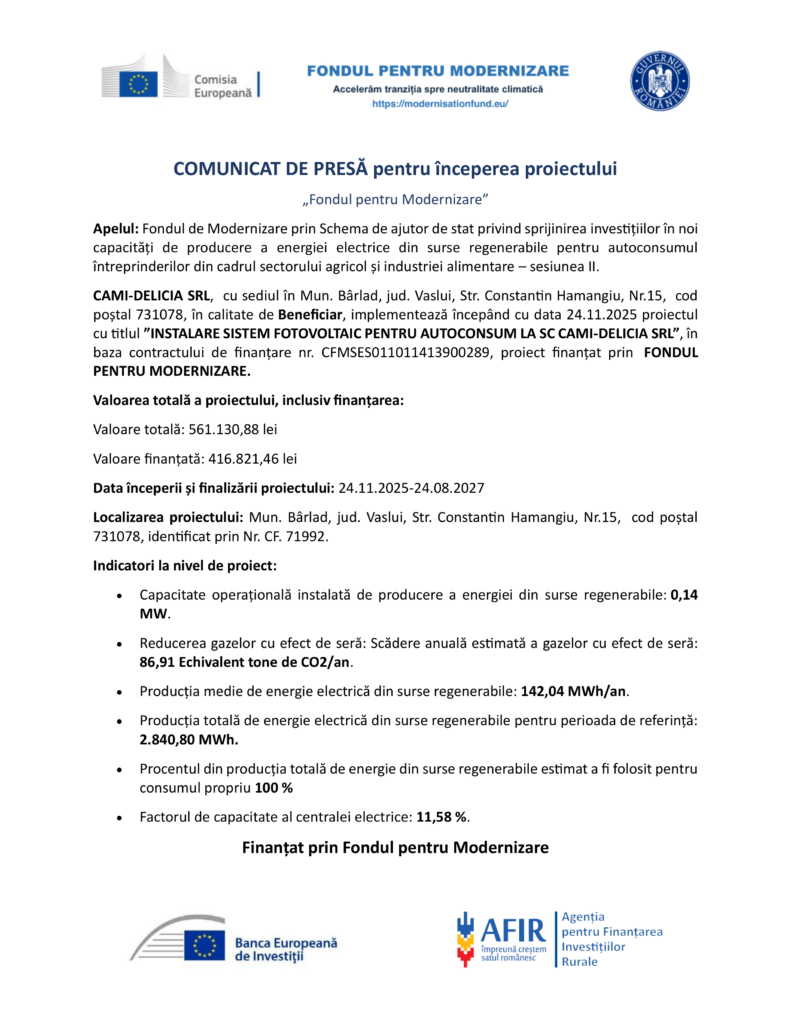 Comunicat oficial în limba română: Lansarea proiectului "Test Product 1 Image Upload NU STERGE", finanțat prin Fondul pentru Modernizare, pentru instalarea unui sistem fotovoltaic la sediul companiei, cu sume și termene specifice.