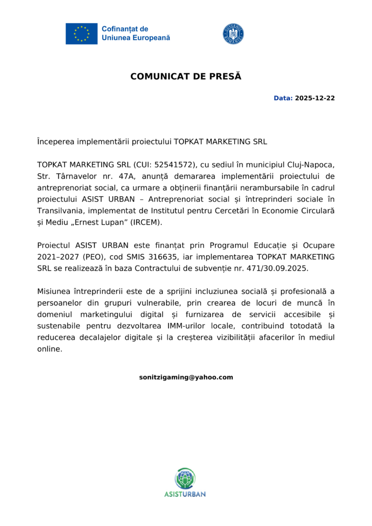 Un comunicat de presă din România anunță implementarea proiectului Test Product 1 Image Upload NU STERGE, finanțat din fonduri europene, inclusiv obiectivele, detaliile finanțării și datele de contact la data de 22 decembrie 2025.