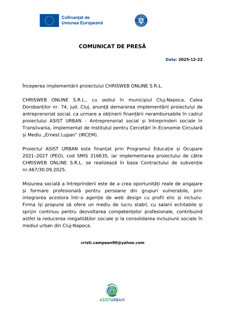 Un comunicat de presă românesc cu siglele UE și ASIST URBAN anunță implementarea proiectului Test Product 1 Image Upload NU STERGE pentru antreprenoriat social, datat 22 decembrie 2025.