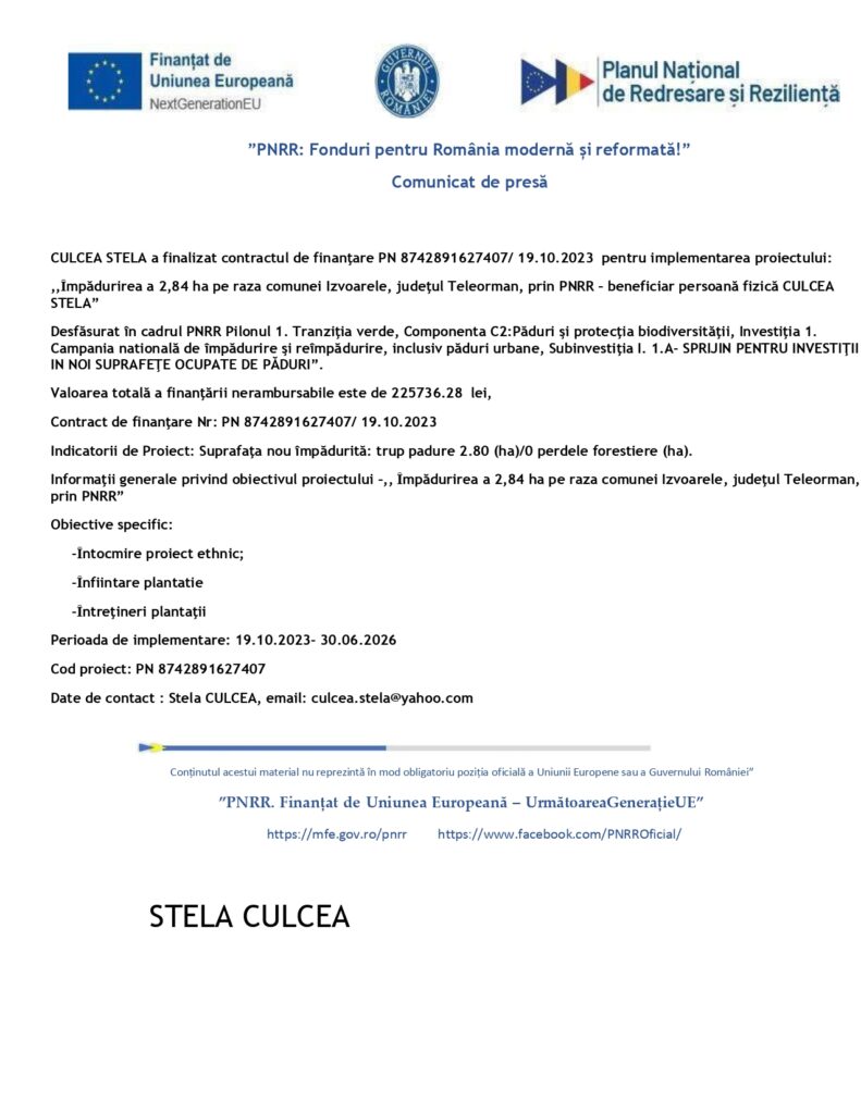 Anunț oficial în limba română de la Ministerul Finanțelor și PNRR privind aprobarea finanțării pentru un proiect silvic în Teleorman. Documentul include text, logo-uri, un antet albastru și este semnat de Stela Culcea.