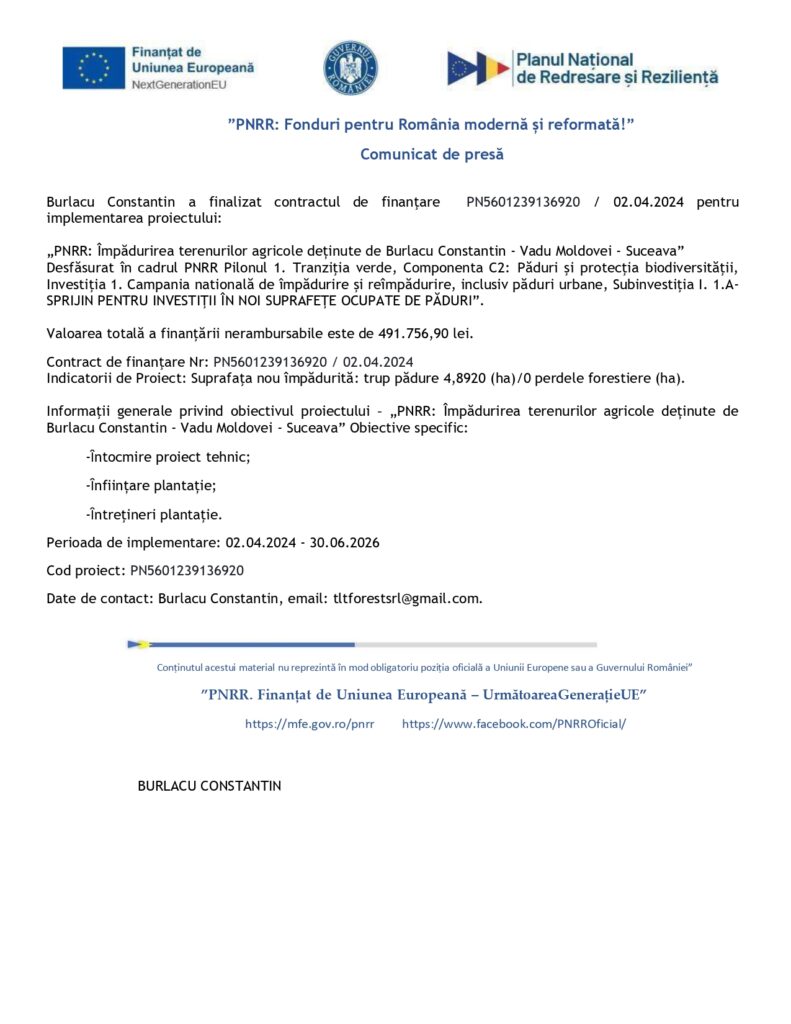 Un document al guvernului rom&acirc;n anunță finalizarea unui contract agricol, detaliind sumele de finanțare, obiectivele proiectului, perioada de implementare și informațiile de contact, cu logo-urile oficiale &icirc;n partea de sus.