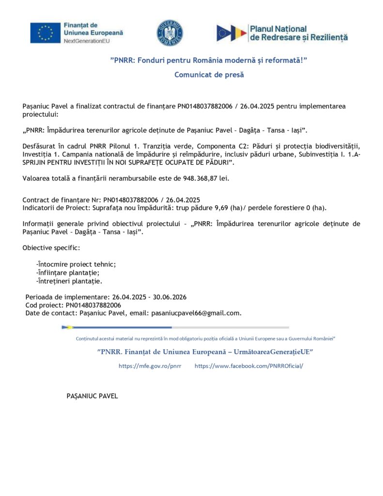 Comunicat de presă &icirc;n limba rom&acirc;nă pe antet oficial de la Administrația Financiară a Rom&acirc;niei, care detaliază un proiect privind &icirc;mbunătățirea proprietăților funciare &icirc;n Pașcani Pavel - Dăg&acirc;ța - Tansa - Iași, emis la 26 aprilie 2025.
