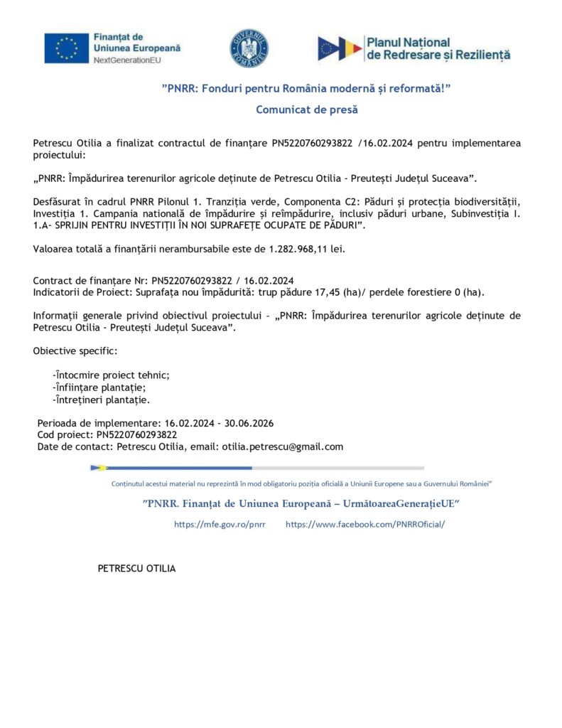 Un document de presă de la instituții românești care anunță încheierea unui contract de finanțare pentru un proiect de împădurire a terenurilor din județul Suceava. Documentul include logo-uri, text și date de contact.