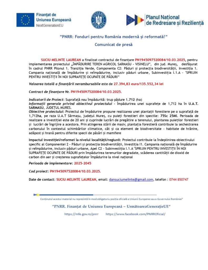 Comunicat de presă în limba română cu logo-uri în partea de sus, titlu și informații financiare și de proiect detaliate despre un contract de finanțare pentru restaurarea terenurilor forestiere, inclusiv numărul contractului, datele și persoanele de contact.