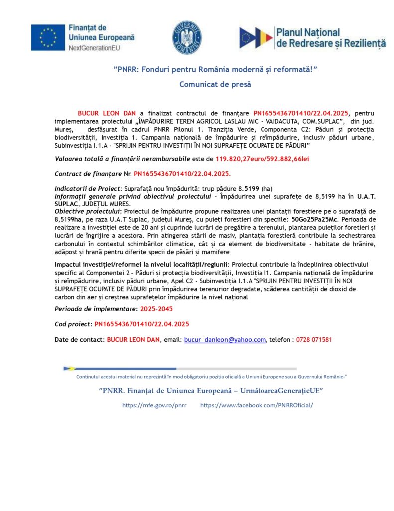 Un comunicat de presă al guvernului român anunță un contract de finanțare pentru un proiect privind terenurile agricole. Acesta conține logo-uri, titluri cu caractere îngroșate, numere de referință, detalii despre proiect, informații de contact și link-uri web/social media.