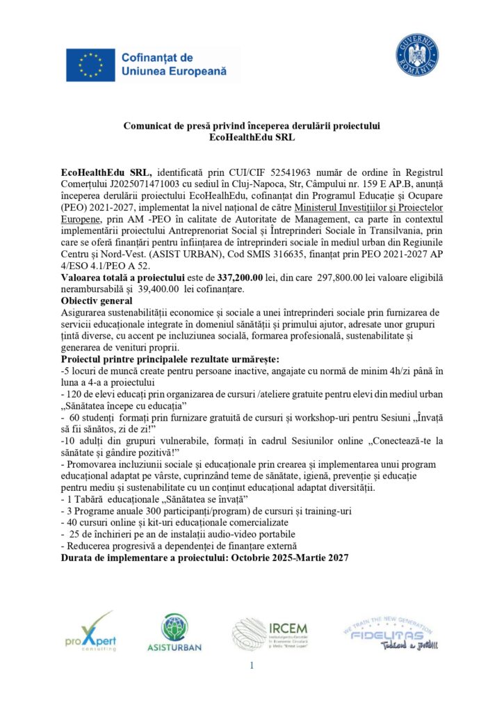 Un document de presă &icirc;n limba rom&acirc;nă cu logo-urile Uniunii Europene și ale mai multor organizații &icirc;n partea de sus, care anunță &icirc;nceperea unui proiect EcoHealthEdu SRL. Textul cuprinde detalii despre proiect, finanțare și obiective.