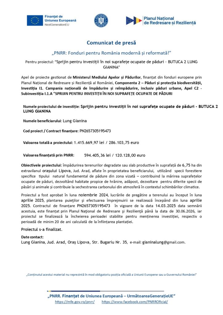 Un comunicat de presă românesc al Ministerului Mediului, Apelor și Pădurilor despre o investiție forestieră finanțată prin Planul Național de Recuperare și Reziliență, cu logo-uri și detalii despre proiect în text.