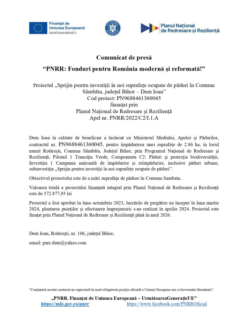 Comunicat de presă &icirc;n limba rom&acirc;nă, cu logo-uri &icirc;n partea de sus, care detaliază un proiect finanțat prin Planul Național de Recuperare și Reziliență pentru sprijinirea infrastructurii rutiere din S&acirc;mbăta, județul Bihor. Link-urile de contact și de site sunt prezentate &icirc;n partea de jos.