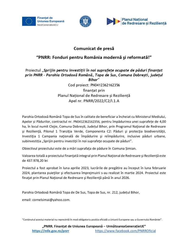 Comunicat de presă &icirc;n limba rom&acirc;nă cu logo-urile Uniunii Europene și ale Planului Național de Relansare și Reziliență al Rom&acirc;niei, &icirc;n care se discută despre finanțarea investițiilor bisericești din județul Bihor. Informațiile de contact și link-urile web sunt incluse &icirc;n partea de jos.
