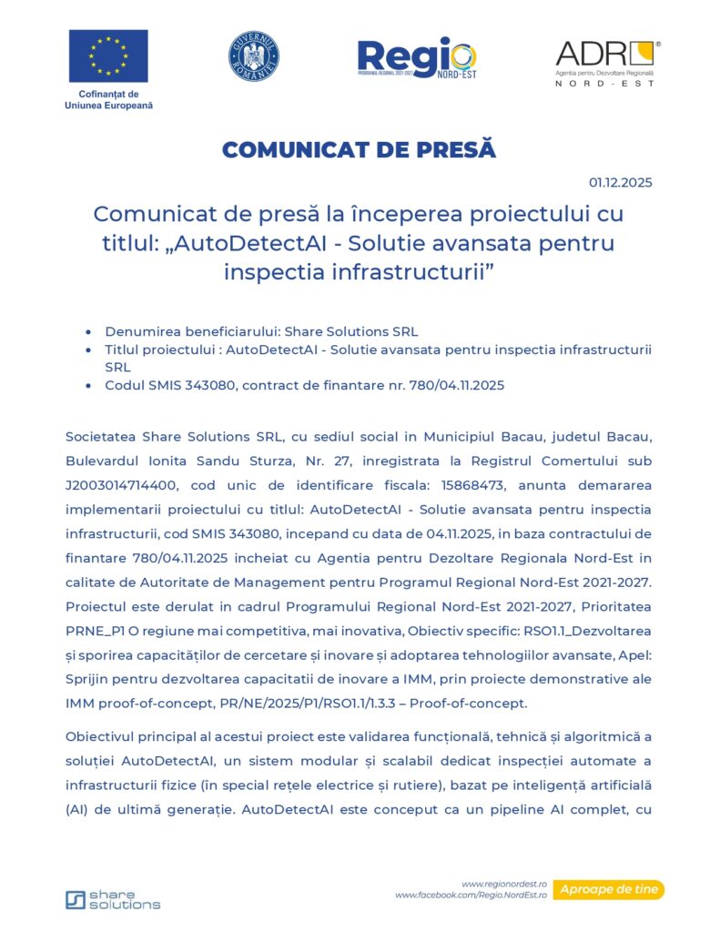 Un document românesc de presă anunță lansarea proiectului "AutoDetectAI" pentru inspecția avansată a infrastructurii, afișând logo-urile Share Solutions, Regio și ADR. Data este 1 decembrie 2025.