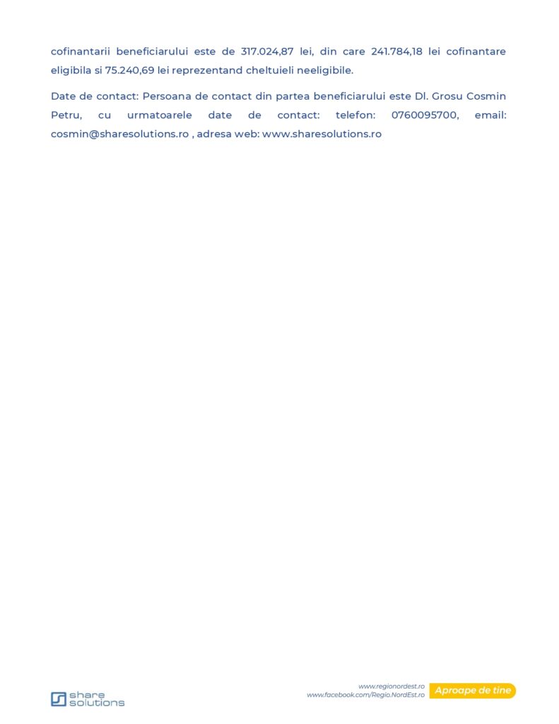 O pagină albă cu text &icirc;n limba rom&acirc;nă care oferă informații despre finanțare și detalii de contact, inclusiv un nume, un număr de telefon, o adresă de e-mail și un site web. &Icirc;n partea de jos a paginii apar logo-uri și linkuri către rețelele sociale.