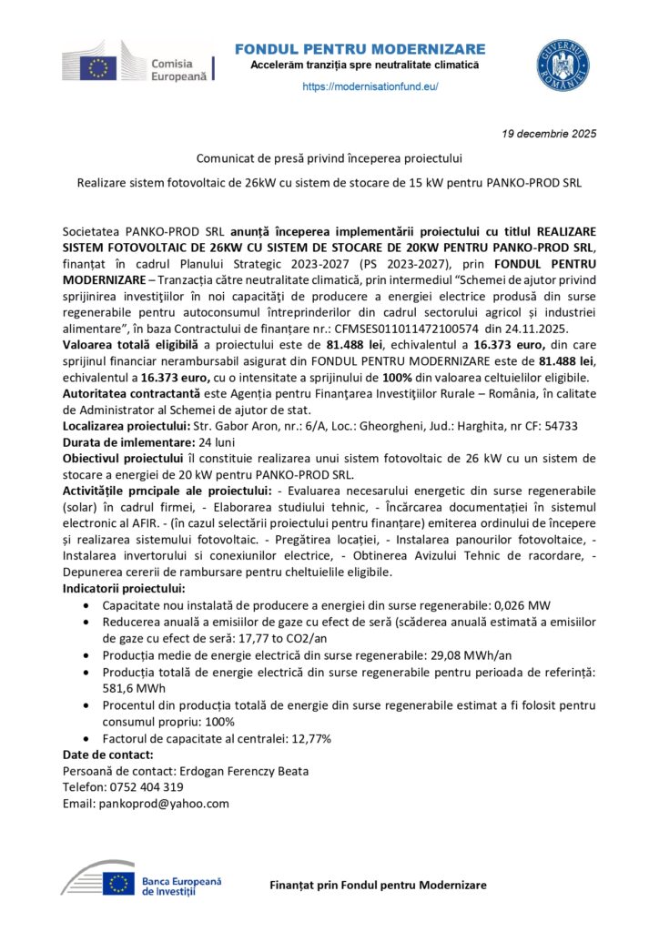 Comunicat de presă &icirc;n limba rom&acirc;nă de la PANKO-PROD SRL privind demararea unui proiect de instalații fotovoltaice, cu logo-urile UE și de finanțare &icirc;n partea de sus și de jos și text negru pe fundal alb.