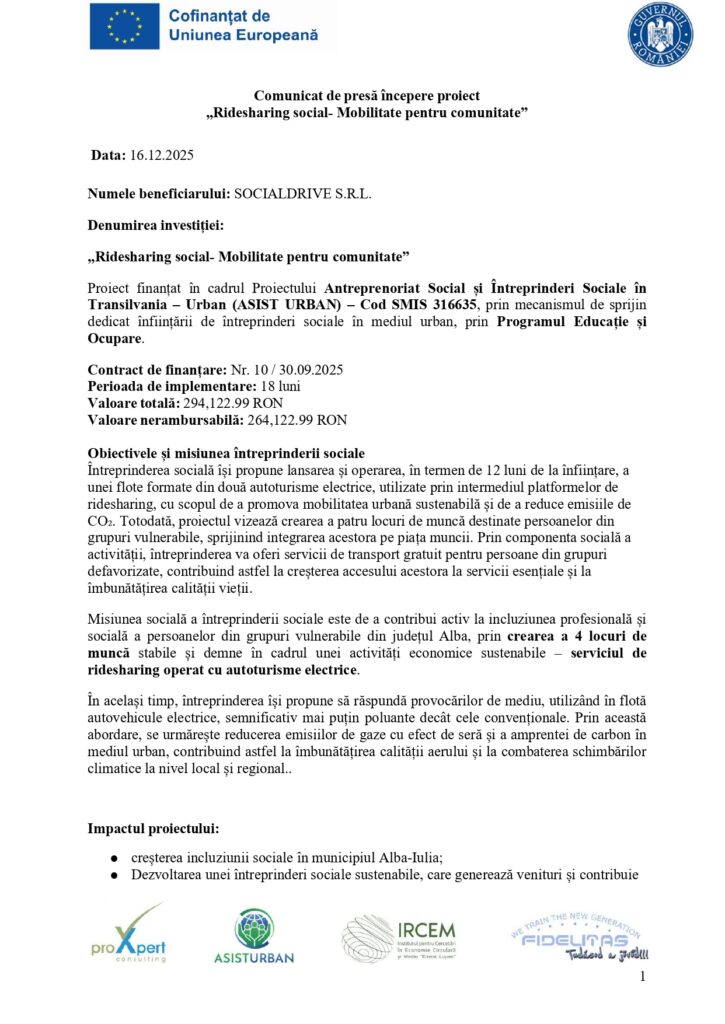 Document oficial de anunțare a unui proiect în limba română, cu sigle organizaționale în partea de sus, un titlu, corp de text cu detalii despre finanțare și ștampile și semnături oficiale în partea de jos. Documentul este formatat într-un stil formal.