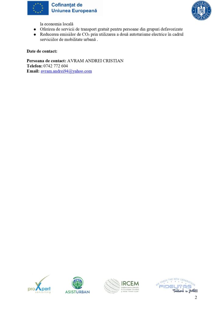 O pagină de documente include emblema UE, puncte despre reducerea emisiilor de CO₂ și vehiculele electrice, precum și informații de contact pentru Avram Andrei Cristian. &Icirc;n partea de jos a paginii apar logo-urile Pro Expert, ASISTURBAN, IRCEM și Fidelity Complete.