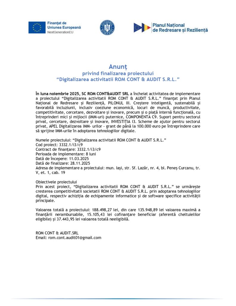Un anunț &icirc;n limba rom&acirc;nă pe un fundal alb detaliază finalizarea unui proiect privind digitalizarea activităților unei companii. Pagina prezintă &icirc;n partea de sus logo-urile guvernului, UE și ale finanțatorului, iar &icirc;n textul principal datele proiectului.