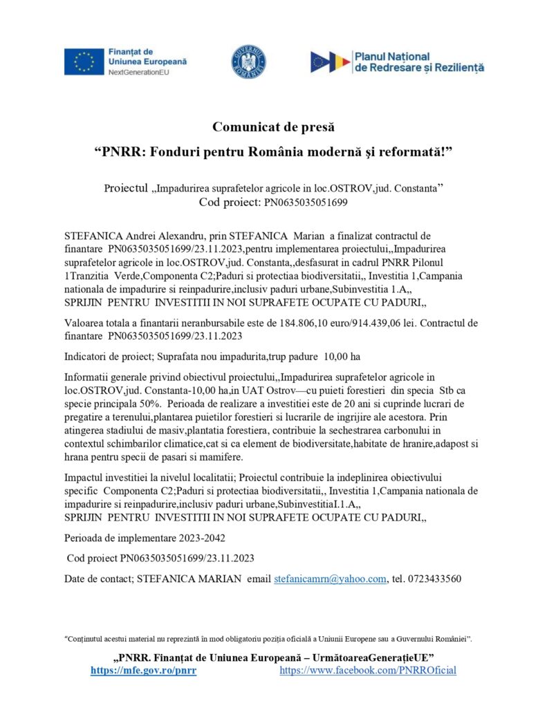 Document de presă intitulat "PNRR: Fonduri pentru România modernă și reformată", cu sigle oficiale în partea de sus, text care detaliază finalizarea unui proiect cu finanțare europeană în Ostrov, Constanța, și informații de contact în partea de jos.