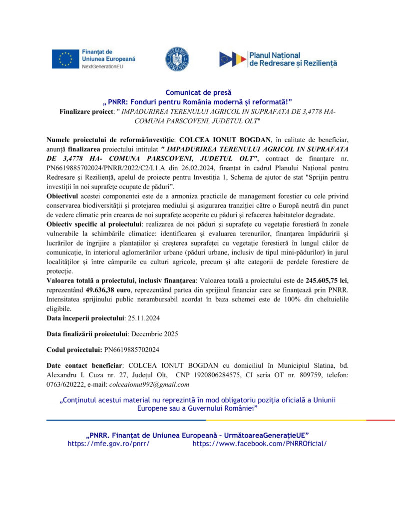 Comunicat de presă în limba română despre proiectul agricol finalizat "Test Product 1 Image Upload NU STERGE", cu siglele UE, Guvernului României și PNRR în partea de sus și de jos, cu text în paragrafe și bullet points.