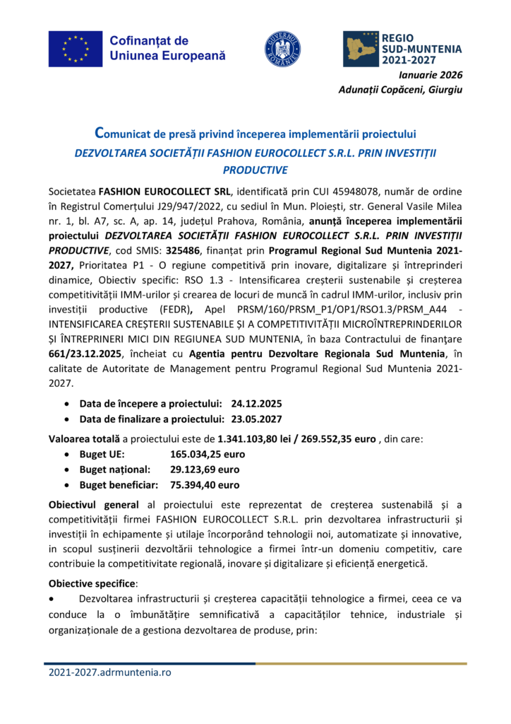 Un document oficial în limba română intitulat "Comunicat de presă privind începerea implementării proiectului Test Product 1 Image Upload NU STERGE", cu logo-uri corporate și UE, detaliază un proiect de finanțare.