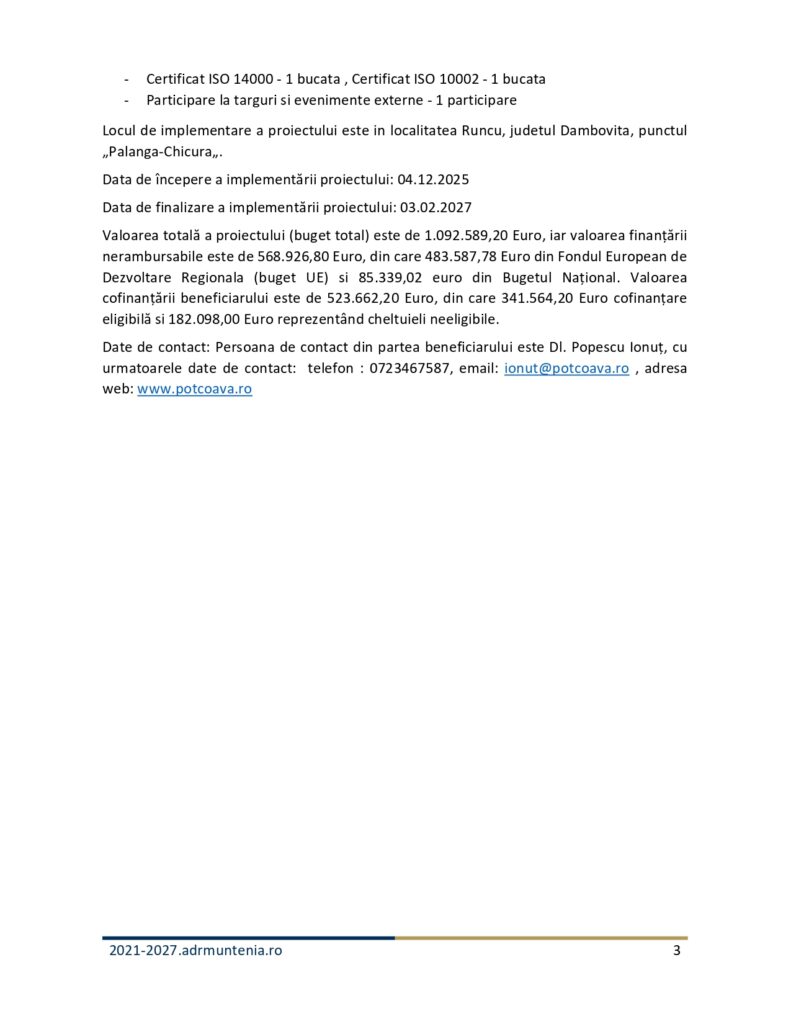 O pagină de document în limba română prezintă detaliile proiectului, inclusiv certificarea, participarea la eveniment, locația, calendarul, defalcarea bugetului și informațiile de contact. Partea de jos include URL-uri și o pagină tipărită cu numărul 3.