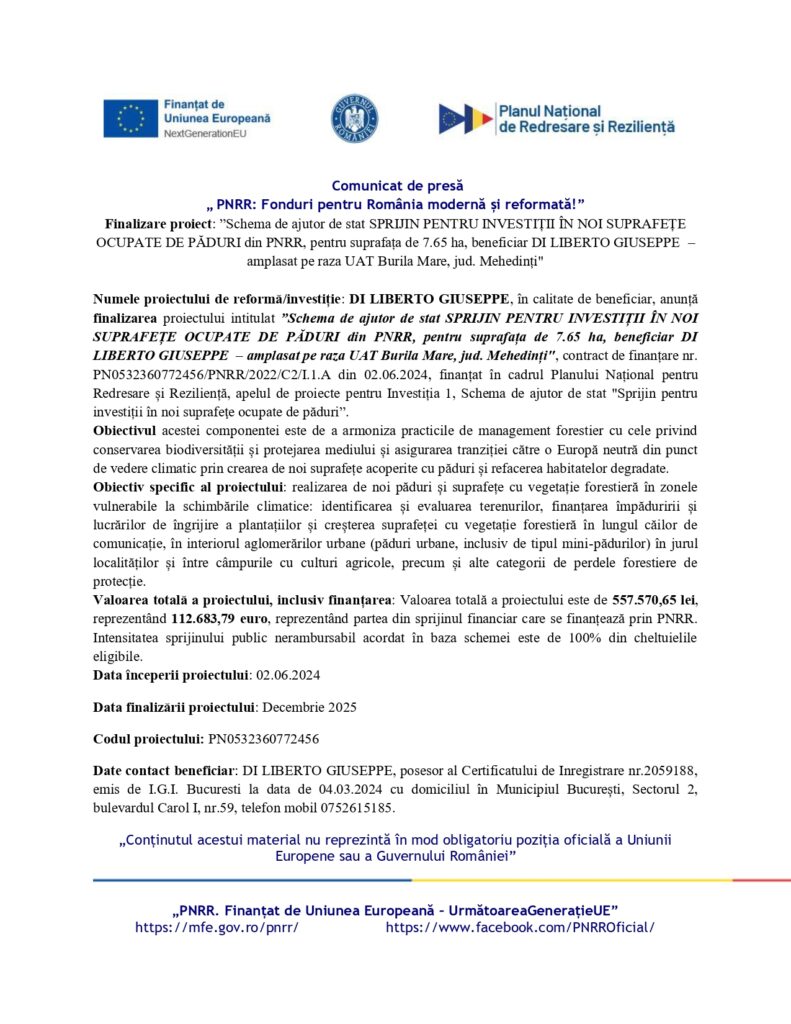 Comunicat de presă &icirc;n limba rom&acirc;nă, cu sigla UE și a Guvernului Rom&acirc;niei &icirc;n partea de sus. Documentul detaliază finanțarea pentru spații verzi &icirc;n cadrul programului PNRR, evidențiind un proiect condus de Diliberto Giuseppe &icirc;n Medgidia.