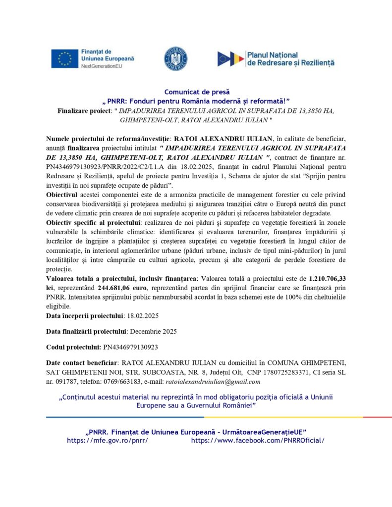 Comunicat de presă al Ministerului Finanțelor și al Ministerului Investițiilor și Proiectelor Europene despre un proiect de reformă agrară, inclusiv logo-uri, text și informații de contact.