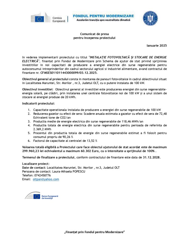 Un document de presă din România anunță demararea unui proiect energetic care implică instalații fotovoltaice și stocarea energiei electrice, cofinanțat de Fondul de Modernizare. Logo-urile oficiale sunt în partea de sus.