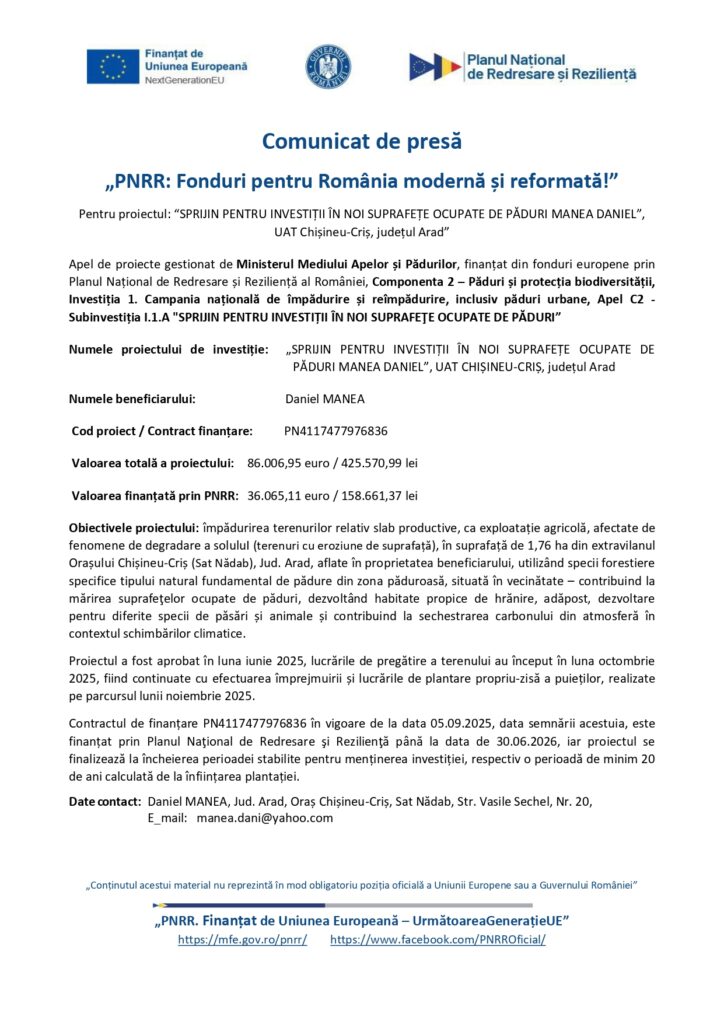 Document de presă &icirc;n limba rom&acirc;nă cu logo-uri albastre &icirc;n partea de sus, urmate de un titlu cu caractere aldine despre fondurile PNRR, detalii despre proiect și informații de contact. Footer-ul include logo-uri și link-uri către site-uri web referitoare la programele de finanțare ale UE.