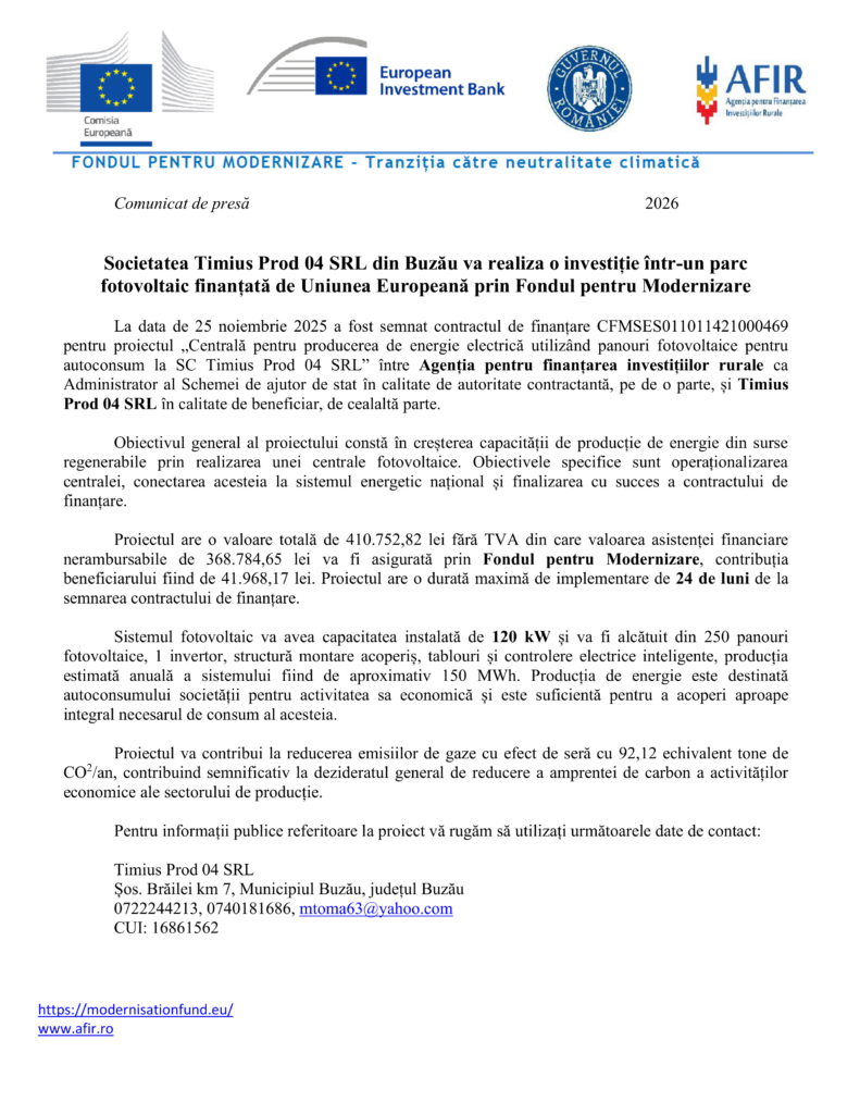 Un comunicat de presă românesc anunță o investiție într-un parc fotovoltaic în Buzău, realizată de Timius Prod 04 SRL, finanțată de Fondul de Modernizare al UE, și prezintă detalii despre proiect, un grafic, informații de contact și Test Product 1 Image Upload NU STERGE.