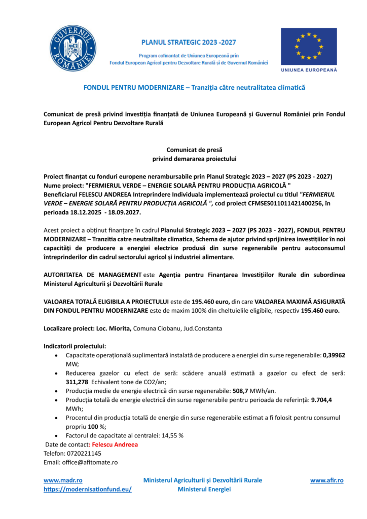 Un comunicat de presă românesc pentru "Test Product 1 Image Upload NU STERGE", cu logo-urile Guvernului și UE, intitulat "Fondul pentru Modernizare - Tranziția către neutralitatea climatică", proiectul și informațiile de contact în text albastru/negru.