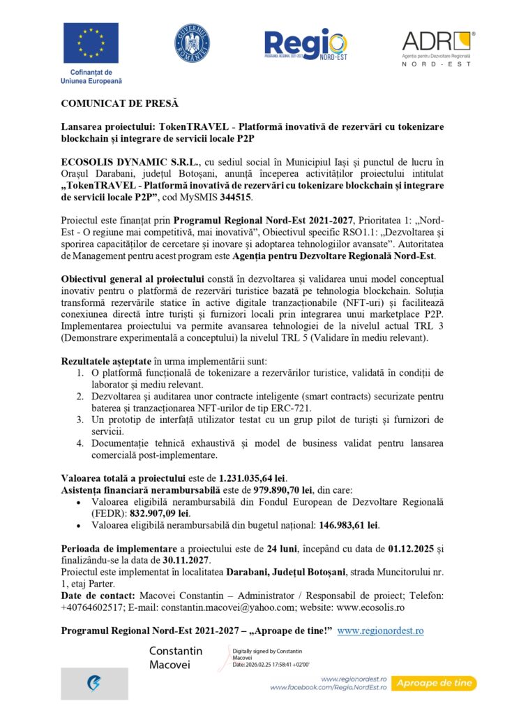 Comunicat de presă în limba română cu logo-urile Uniunii Europene, Regio și ADR Nord-Est în partea de sus. Documentul anunță lansarea proiectului TOKEN TRAVEL pentru integrarea rezervărilor de călătorie bazate pe blockchain.