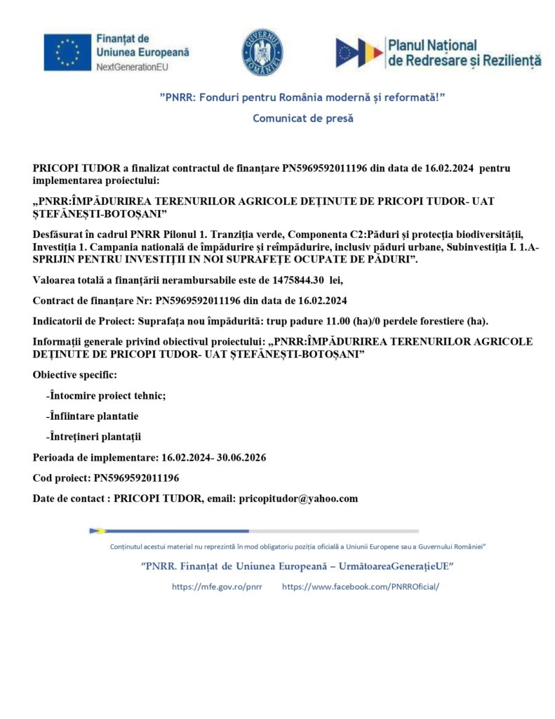 Document oficial de presă în limba română, cu logo-uri în partea de sus, referitor la contractul de finanțare pentru un proiect de irigații pe terenuri agricole, detaliind obiectivele, locațiile și informațiile despre contract. Nu sunt prezentate persoane.